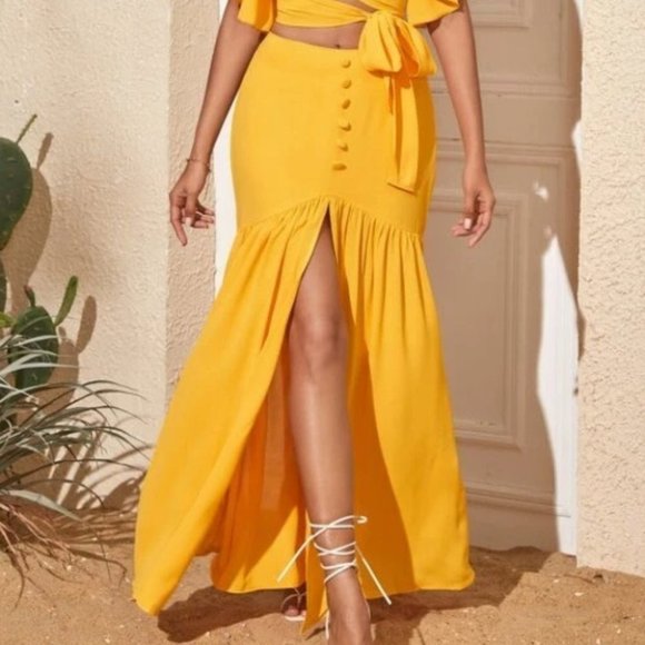 Cross Wrap Blouse & Split Hem Skirt 2 piece set -Yellow - Picture 4 of 8